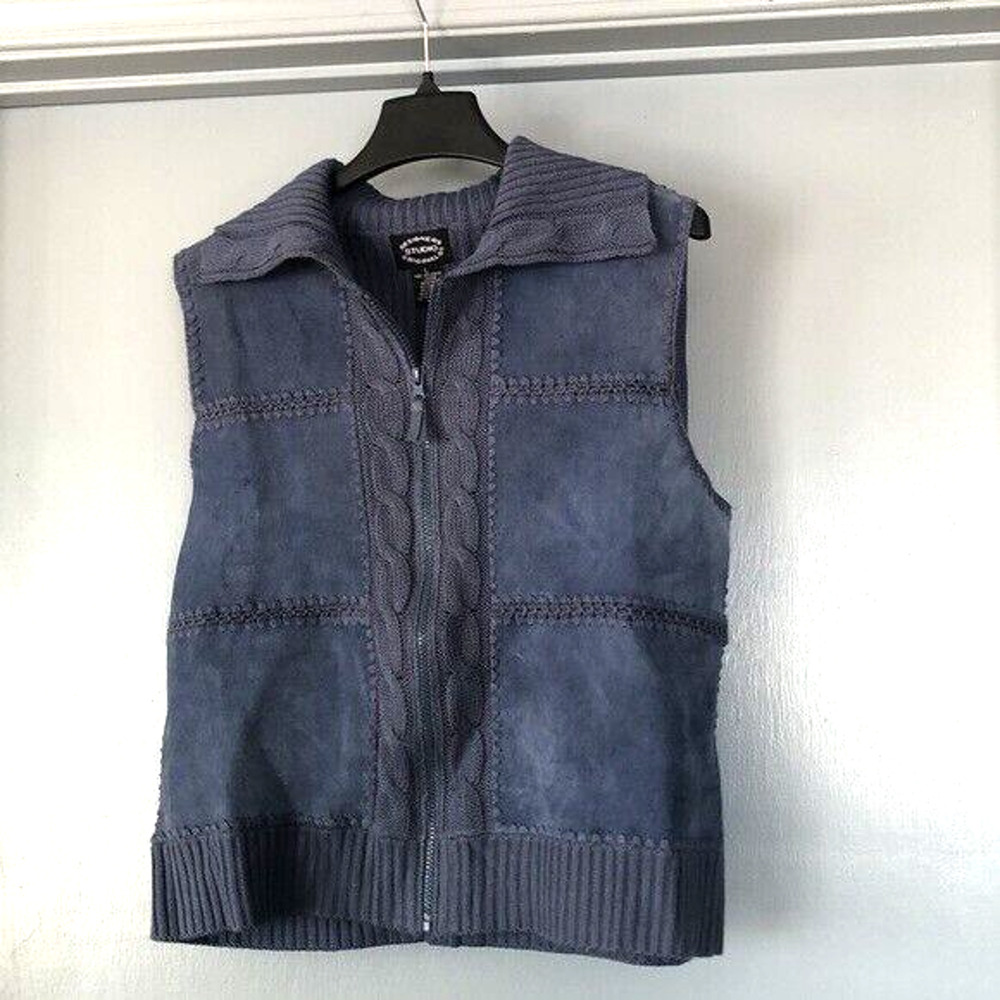 Designers Studio Originals Blue Leather Cable Knit Vest size L Zip front